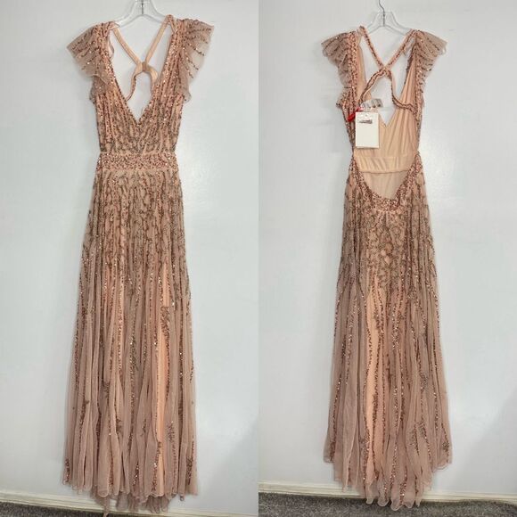 Mac Duggal 5682 Sequined Flutter Cap Sleeve Cut Out A-Line Gown, Apricot, Size 8 - Picture 2 of 11
